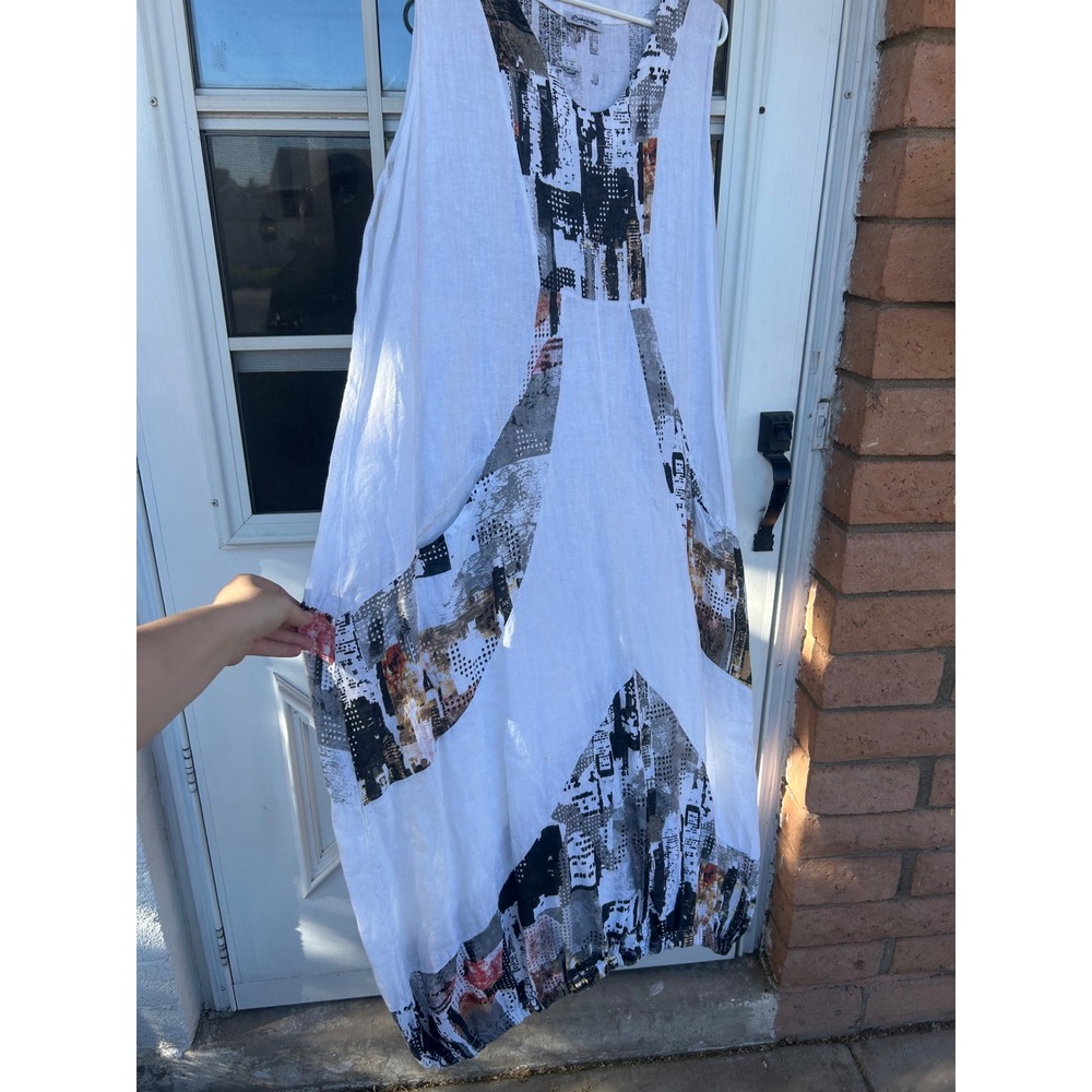 Bohabille Paris Linen Cityscape Print Bubble Hem Midi Dress White XL Lagenlook - Picture 4 of 12
